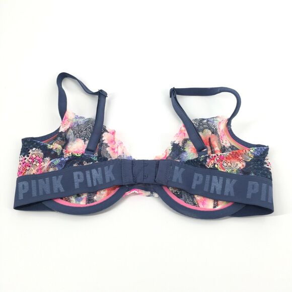 PINK Victoria's Secret Date Push Up Bra 32DD Navy Blue Neon Lace Floral Sexy - Picture 2 of 7
